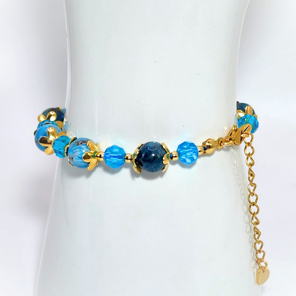 BLUE APATITE SMOOTH ROUND 8MM 18K GOLD PLATED STAINLESS STEEL BRACELET