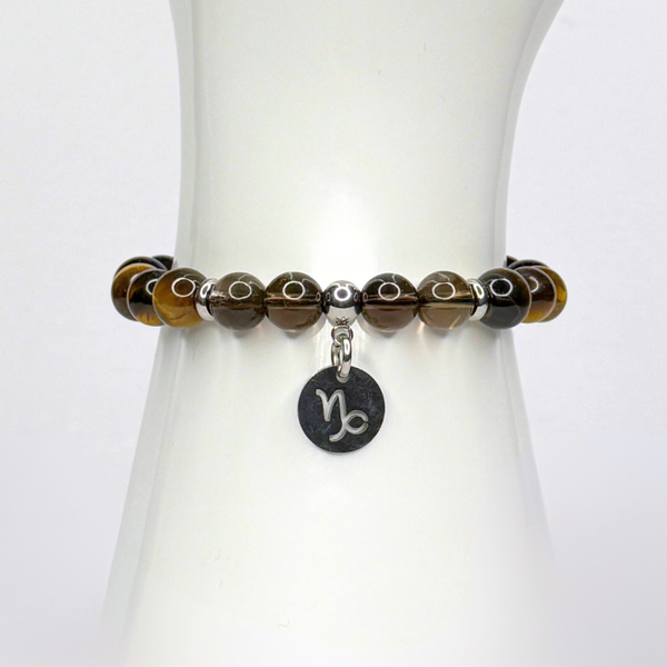 CAPRICORN ENERGY - BLACK ONYX, TIGER'S EYE AND SMOKY QUARTZ NATURAL STONE BEADS, LOBSTER CLASP + 2 IN. EXTENDER CHAIN STAINLESS STEEL