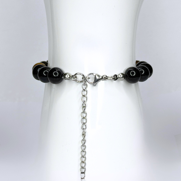 CAPRICORN ENERGY - BLACK ONYX, TIGER'S EYE AND SMOKY QUARTZ NATURAL STONE BEADS, LOBSTER CLASP + 2 IN. EXTENDER CHAIN STAINLESS STEEL