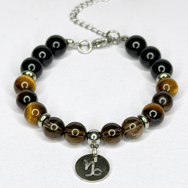 CAPRICORN ENERGY - BLACK ONYX, TIGER'S EYE AND SMOKY QUARTZ NATURAL STONE BEADS, LOBSTER CLASP + 2 IN. EXTENDER CHAIN STAINLESS STEEL