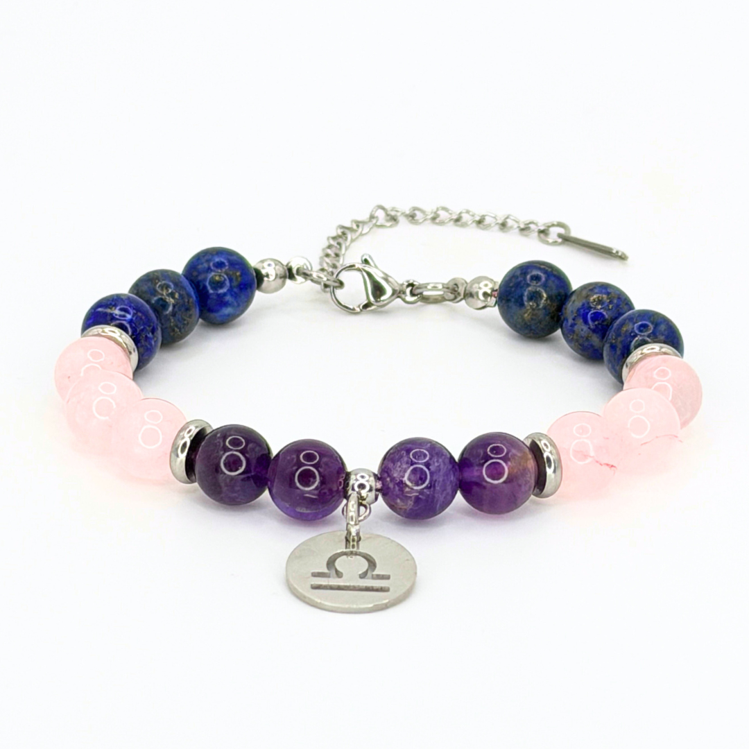 LIBRA ENERGY - LAPIS LAZULI, ROSE QUARTZ AND AMETHYST NATURAL STONE BEADS, LOBSTER CLASP + 2 IN. EXTENDER CHAIN STAINLESS STEEL