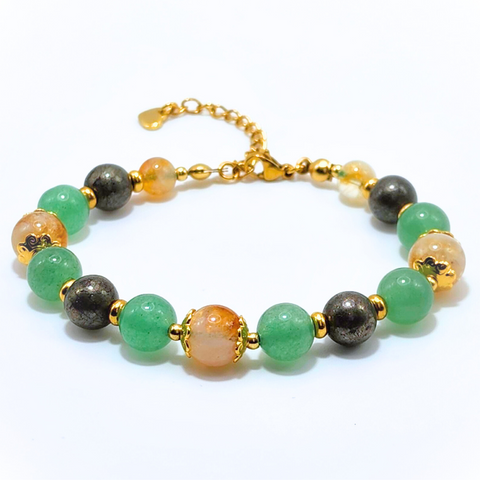 PROSPERITY, ABUNDANCE & SUCCESS (CITRINE, GREEN AVENTURINE AND PYRITE) SMOOTH ROUND 8MM 18K GOLD PLATED STAINLESS STEEL BRACELET