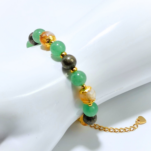 PROSPERITY, ABUNDANCE & SUCCESS (CITRINE, GREEN AVENTURINE AND PYRITE) SMOOTH ROUND 8MM 18K GOLD PLATED STAINLESS STEEL BRACELET