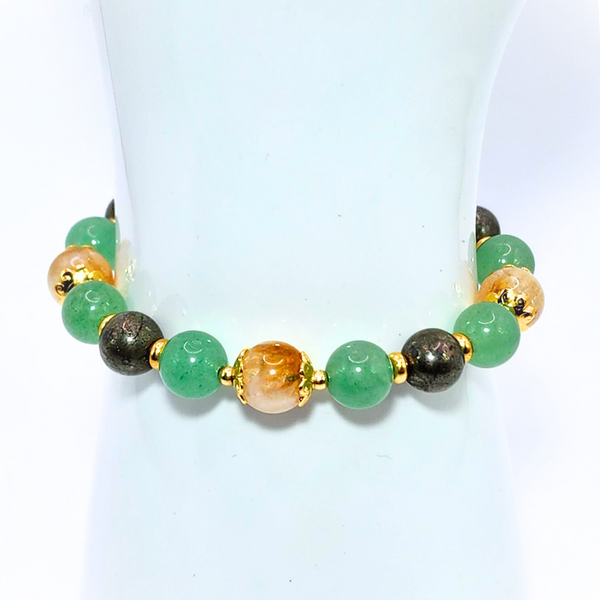 PROSPERITY, ABUNDANCE & SUCCESS (CITRINE, GREEN AVENTURINE AND PYRITE) SMOOTH ROUND 8MM 18K GOLD PLATED STAINLESS STEEL BRACELET