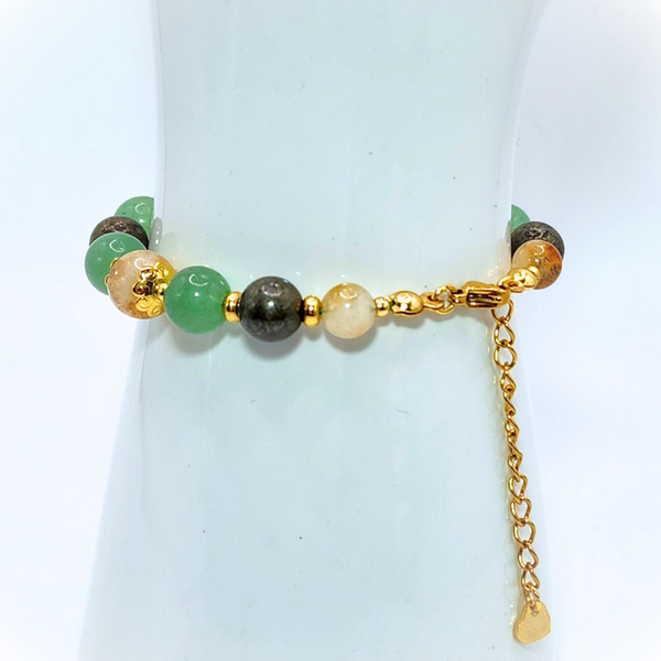 PROSPERITY, ABUNDANCE & SUCCESS (CITRINE, GREEN AVENTURINE AND PYRITE) SMOOTH ROUND 8MM 18K GOLD PLATED STAINLESS STEEL BRACELET