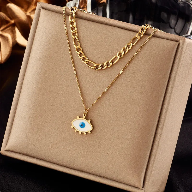 EVIL EYE FIGARO LAYERED NECKLACE GOLD PLATED STAINLESS STEEL