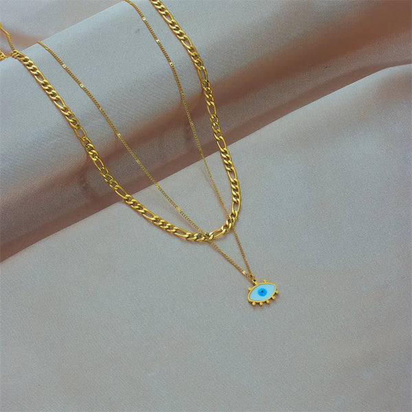 EVIL EYE FIGARO LAYERED NECKLACE GOLD PLATED STAINLESS STEEL