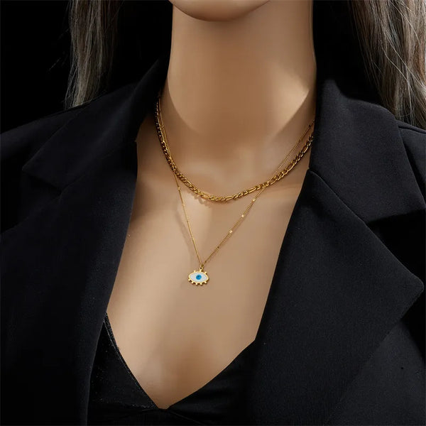 EVIL EYE FIGARO LAYERED NECKLACE GOLD PLATED STAINLESS STEEL