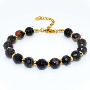 BLACK TOURMALINE FACETED ROUND 7.5MM-8MM 18K GOLD PLATED STAINLESS STEEL BRACELET