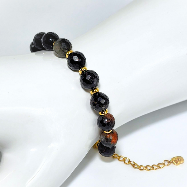 BLACK TOURMALINE FACETED ROUND 7.5MM-8MM 18K GOLD PLATED STAINLESS STEEL BRACELET