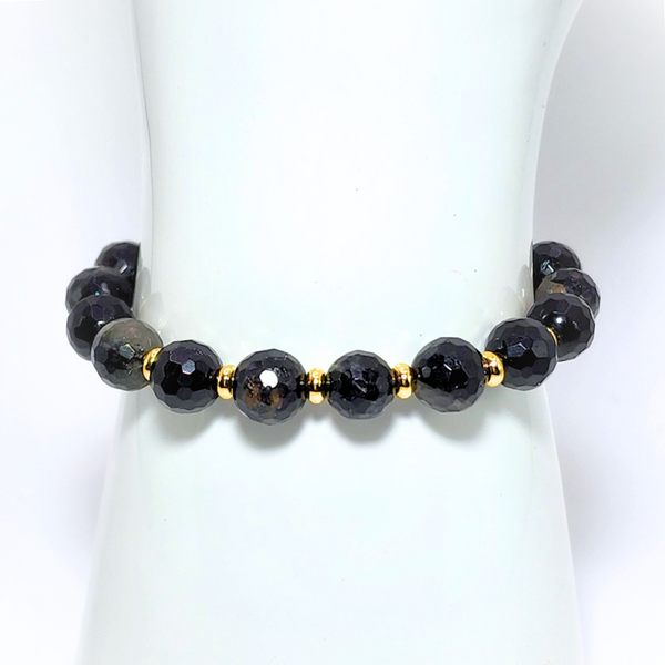 BLACK TOURMALINE FACETED ROUND 7.5MM-8MM 18K GOLD PLATED STAINLESS STEEL BRACELET