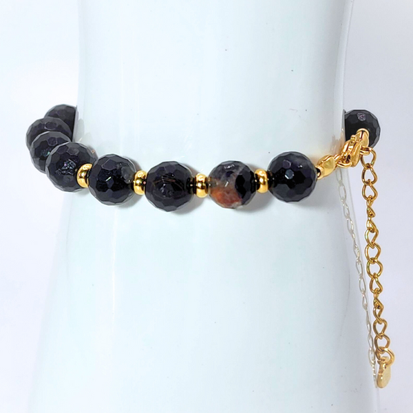 BLACK TOURMALINE FACETED ROUND 7.5MM-8MM 18K GOLD PLATED STAINLESS STEEL BRACELET