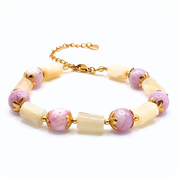 FEMININE ENERGY KUNZITE & MOONSTONE 18K GOLD PLATED STAINLESS STEEL BRACELET