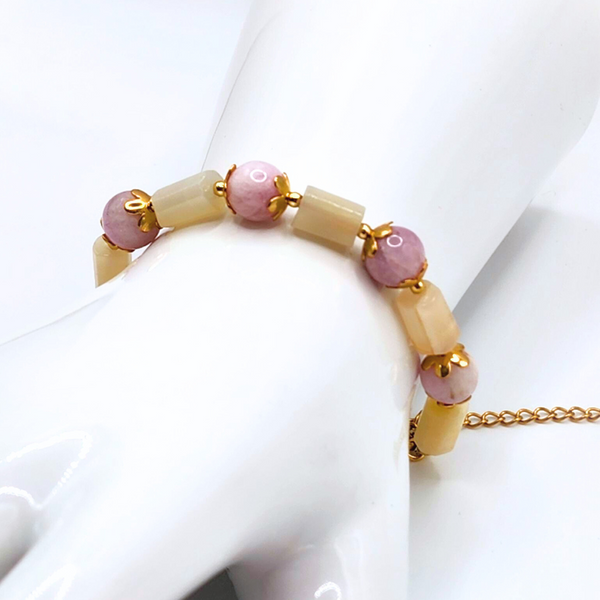 FEMININE ENERGY KUNZITE & MOONSTONE 18K GOLD PLATED STAINLESS STEEL BRACELET