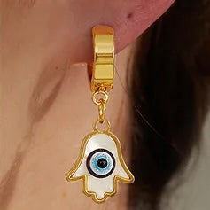 EVIL EYE HAMSA HAND DANGLE HUGGIE HOOP EARRINGS GOLD STAINLESS STEEL