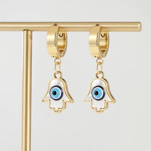 EVIL EYE HAMSA HAND DANGLE HUGGIE HOOP EARRINGS GOLD STAINLESS STEEL