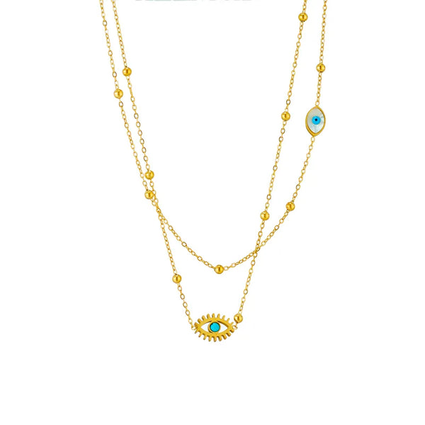 EVIL EYE GOLD STAINLESS STEEL LAYERED BALL NECKLACE