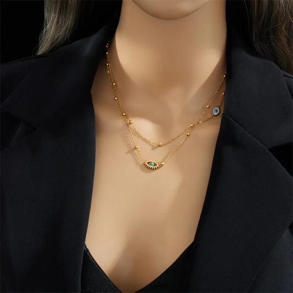 EVIL EYE GOLD STAINLESS STEEL LAYERED BALL NECKLACE