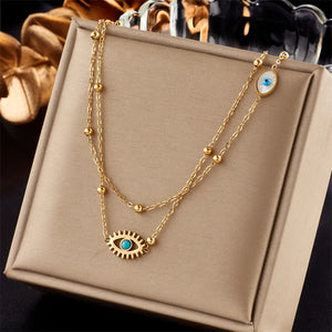 EVIL EYE GOLD STAINLESS STEEL LAYERED BALL NECKLACE