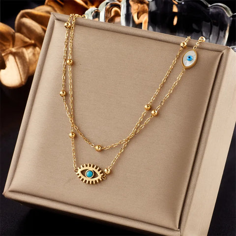 EVIL EYE GOLD STAINLESS STEEL LAYERED BALL NECKLACE