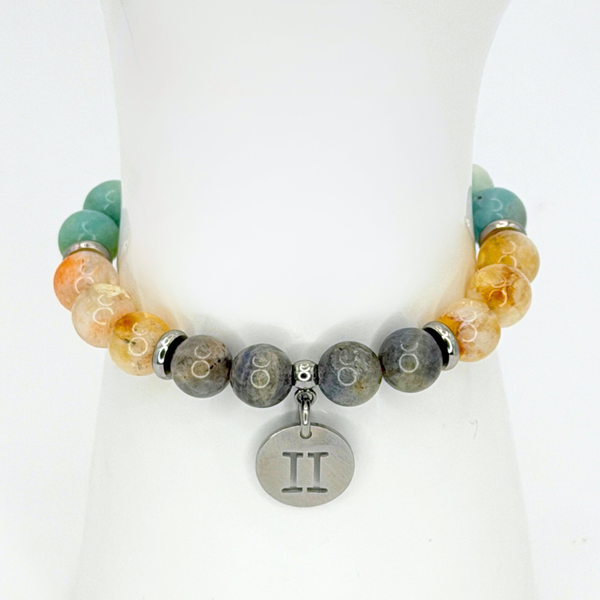GEMINI ENERGY - AMAZONITE, CITRINE, AND LABRADORITE NATURAL STONE BEADS, LOBSTER CLASP + 2 IN. EXTENDER CHAIN STAINLESS STEEL