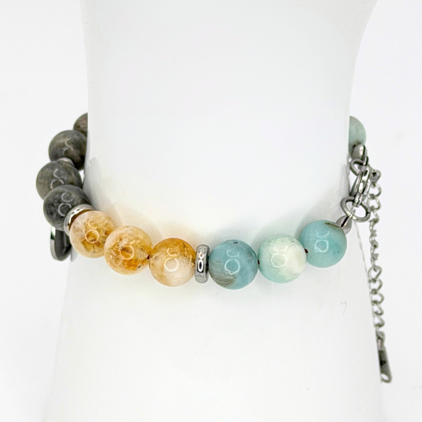 GEMINI ENERGY - AMAZONITE, CITRINE, AND LABRADORITE NATURAL STONE BEADS, LOBSTER CLASP + 2 IN. EXTENDER CHAIN STAINLESS STEEL