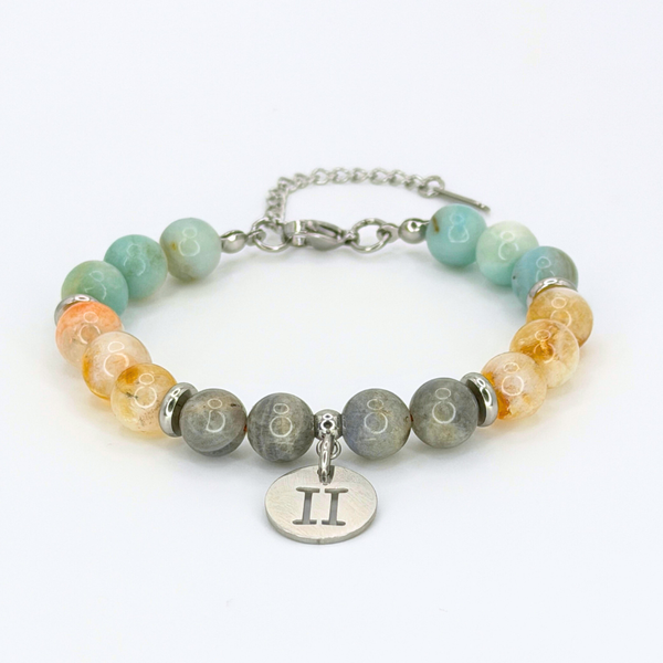 GEMINI ENERGY - AMAZONITE, CITRINE, AND LABRADORITE NATURAL STONE BEADS, LOBSTER CLASP + 2 IN. EXTENDER CHAIN STAINLESS STEEL