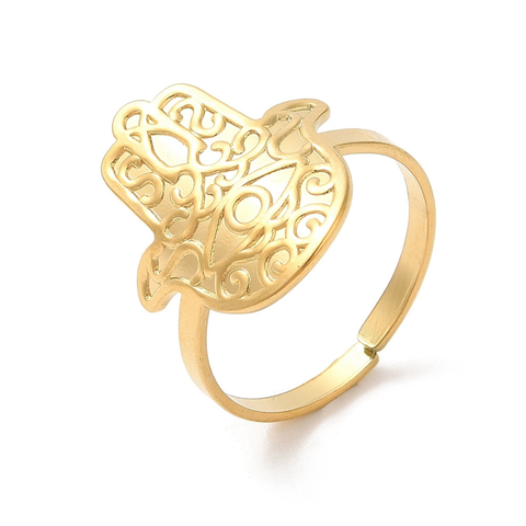 HAMSA EVIL EYE 18K GOLD PLATED OPEN ADJUSTABLE STAINLESS STEEL RING