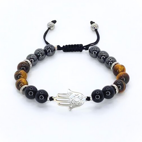 STAR OF DAVID HAMSA HAND TRIPLE PROTECTION (HEMATITE, TIGER EYE AND BLACK TOURMALINE) BEADED MACRAME BRACELET