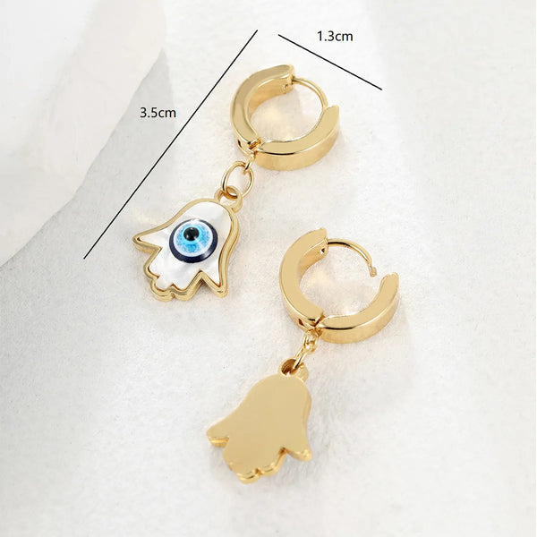 EVIL EYE HAMSA HAND DANGLE HUGGIE HOOP EARRINGS GOLD STAINLESS STEEL