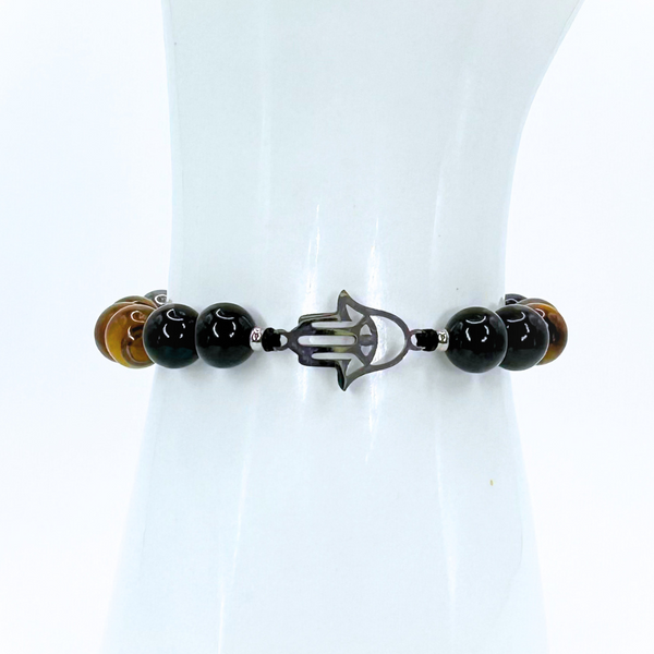 HAMSA HAND EVIL EYE TRIPLE PROTECTION (HEMATITE, TIGER EYE AND BLACK TOURMALINE) BEADED MACRAME BRACELET