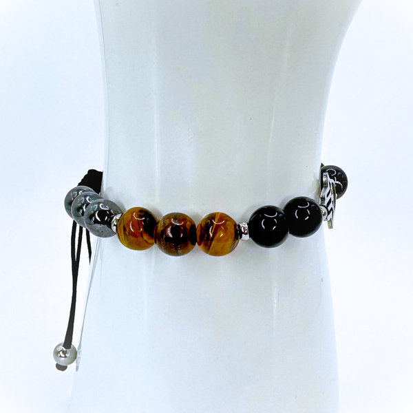 HAMSA HAND EVIL EYE TRIPLE PROTECTION (HEMATITE, TIGER EYE AND BLACK TOURMALINE) BEADED MACRAME BRACELET