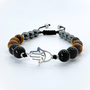 HAMSA HAND EVIL EYE TRIPLE PROTECTION (HEMATITE, TIGER EYE AND BLACK TOURMALINE) BEADED MACRAME BRACELET