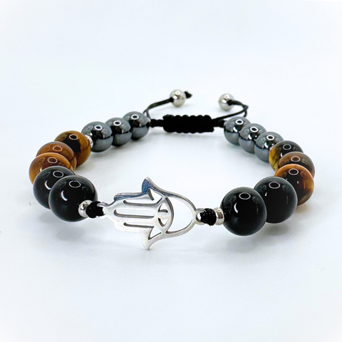 HAMSA HAND EVIL EYE TRIPLE PROTECTION (HEMATITE, TIGER EYE AND BLACK TOURMALINE) BEADED MACRAME BRACELET