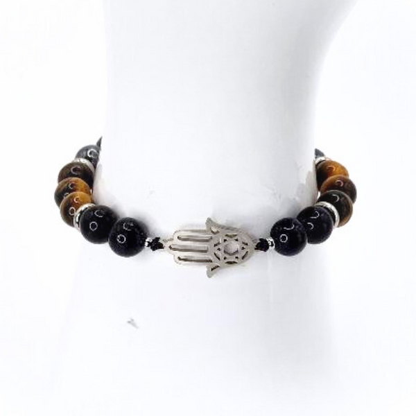 STAR OF DAVID HAMSA HAND TRIPLE PROTECTION (HEMATITE, TIGER EYE AND BLACK TOURMALINE) BEADED MACRAME BRACELET