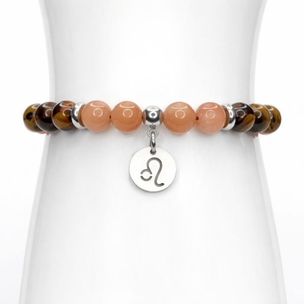 LEO ENERGY - CARNELIAN, TIGER'S EYE AND SUNSTONE NATURAL STONE BEADS, LOBSTER CLASP + 2 IN. EXTENDER CHAIN STAINLESS STEEL