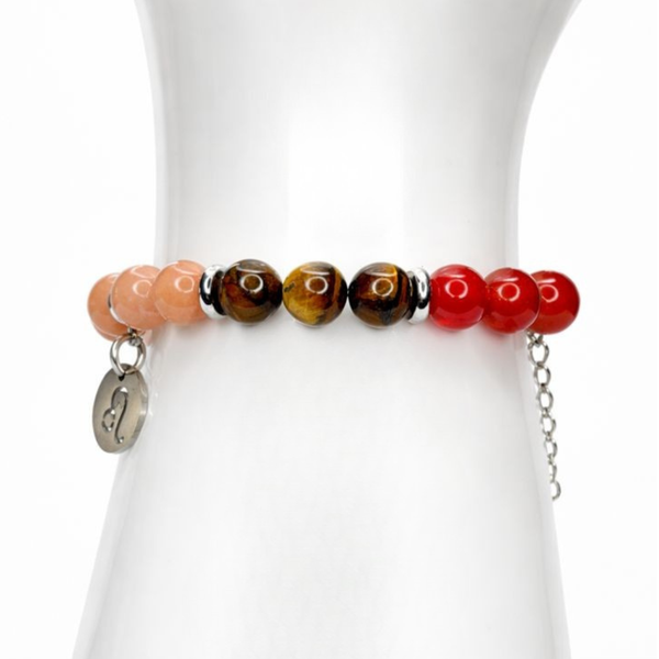 LEO ENERGY - CARNELIAN, TIGER'S EYE AND SUNSTONE NATURAL STONE BEADS, LOBSTER CLASP + 2 IN. EXTENDER CHAIN STAINLESS STEEL