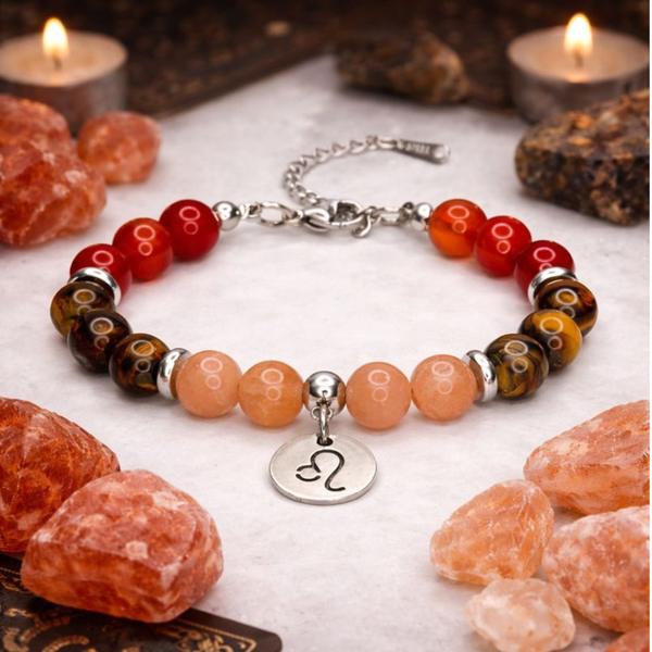 LEO ENERGY - CARNELIAN, TIGER'S EYE AND SUNSTONE NATURAL STONE BEADS, LOBSTER CLASP + 2 IN. EXTENDER CHAIN STAINLESS STEEL