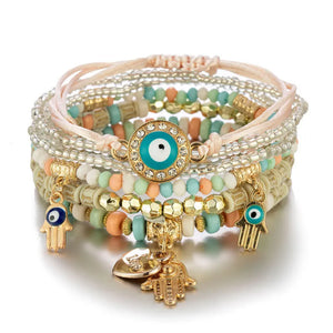 TURQUOISE - MULTILAYER EVIL EYE & HAMSA BOHEMIAN STRETCH BEADED BRACELETS