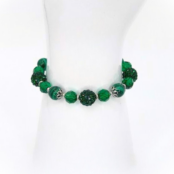MALACHITE BRACELET - FACETED GLASS BEADS AND POLYMER CLAY RHINESTONE BEADS COMBINATION