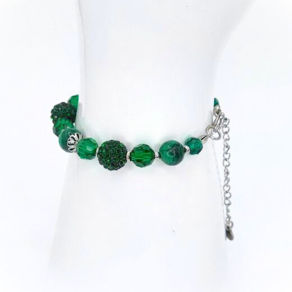 MALACHITE BRACELET - FACETED GLASS BEADS AND POLYMER CLAY RHINESTONE BEADS COMBINATION