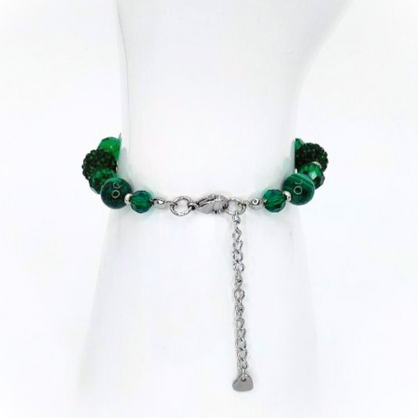 MALACHITE BRACELET - FACETED GLASS BEADS AND POLYMER CLAY RHINESTONE BEADS COMBINATION