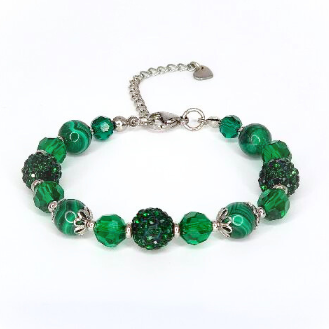 MALACHITE BRACELET - FACETED GLASS BEADS AND POLYMER CLAY RHINESTONE BEADS COMBINATION