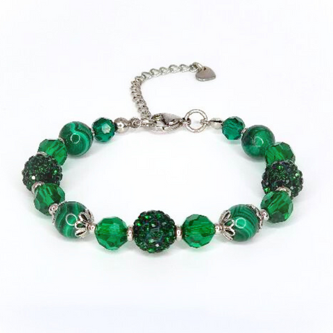 MALACHITE BRACELET - FACETED GLASS BEADS AND POLYMER CLAY RHINESTONE BEADS COMBINATION