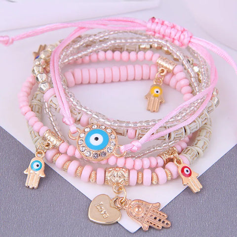 PINK - MULTILAYER EVIL EYE & HAMSA BOHEMIAN STRETCH BEADED BRACELETS