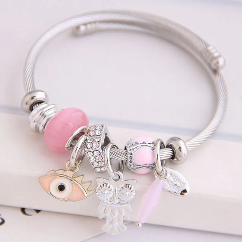 PINK OWL AND EVIL EYE EXPANDABLE CHARM BANGLE