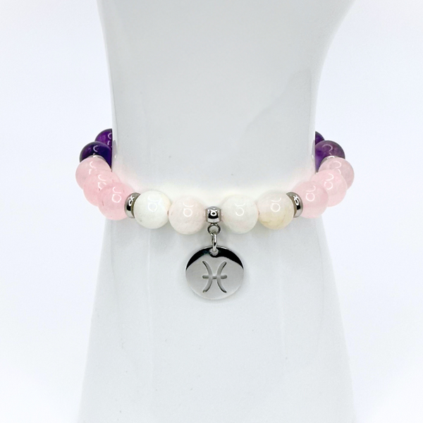 PISCES ENERGY - AMETHYST, ROSE QUARTZ AND MOONSTONE 8MM NATURAL STONE BEADS, LOBSTER CLASP + 2 IN. EXTENDER CHAIN STAINLESS STEEL