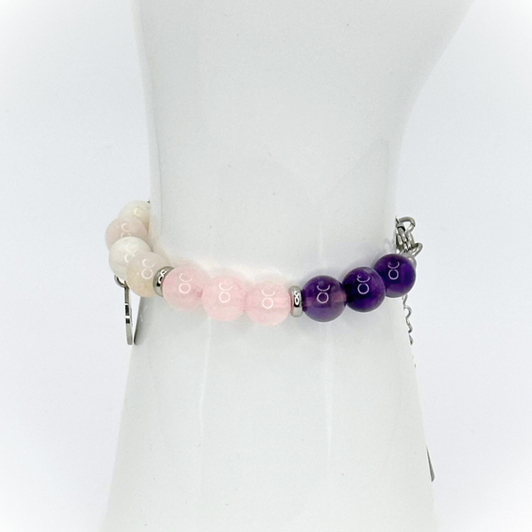 PISCES ENERGY - AMETHYST, ROSE QUARTZ AND MOONSTONE 8MM NATURAL STONE BEADS, LOBSTER CLASP + 2 IN. EXTENDER CHAIN STAINLESS STEEL
