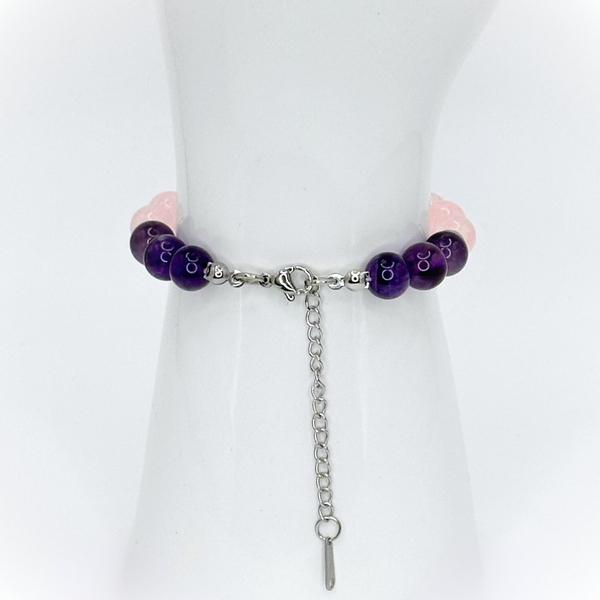 PISCES ENERGY - AMETHYST, ROSE QUARTZ AND MOONSTONE 8MM NATURAL STONE BEADS, LOBSTER CLASP + 2 IN. EXTENDER CHAIN STAINLESS STEEL