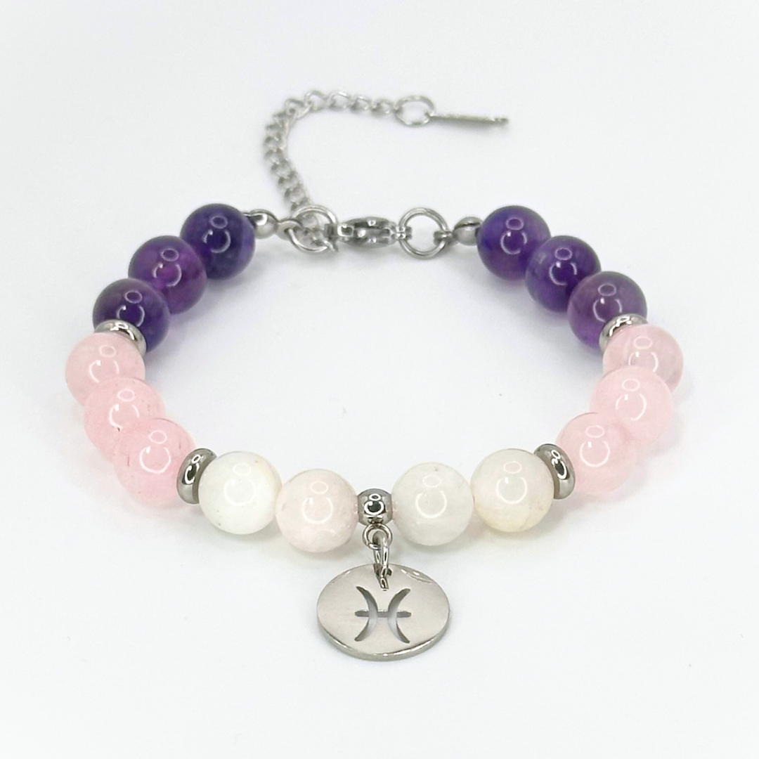 PISCES ENERGY - AMETHYST, ROSE QUARTZ AND MOONSTONE 8MM NATURAL STONE BEADS, LOBSTER CLASP + 2 IN. EXTENDER CHAIN STAINLESS STEEL